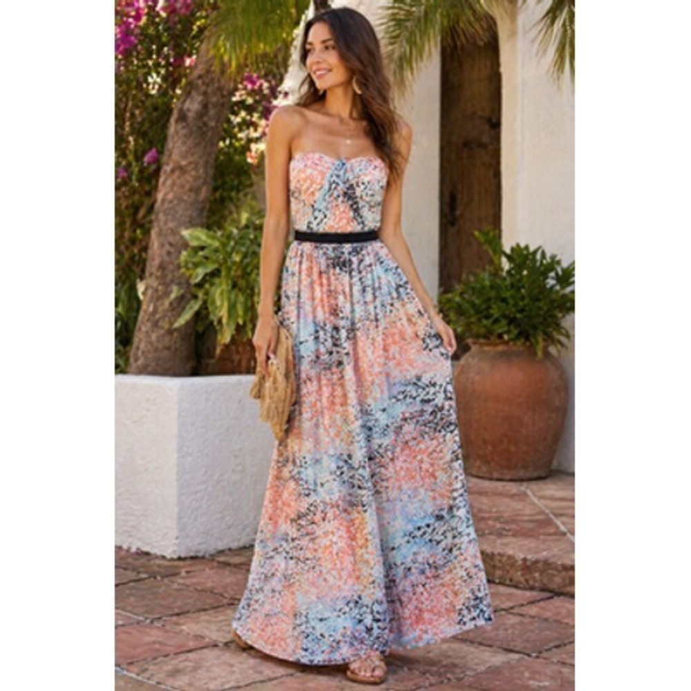 BCBGMAXAZRIA Amber Dress Womens 6 Multicolor Strapless Chiffon Maxi Floral